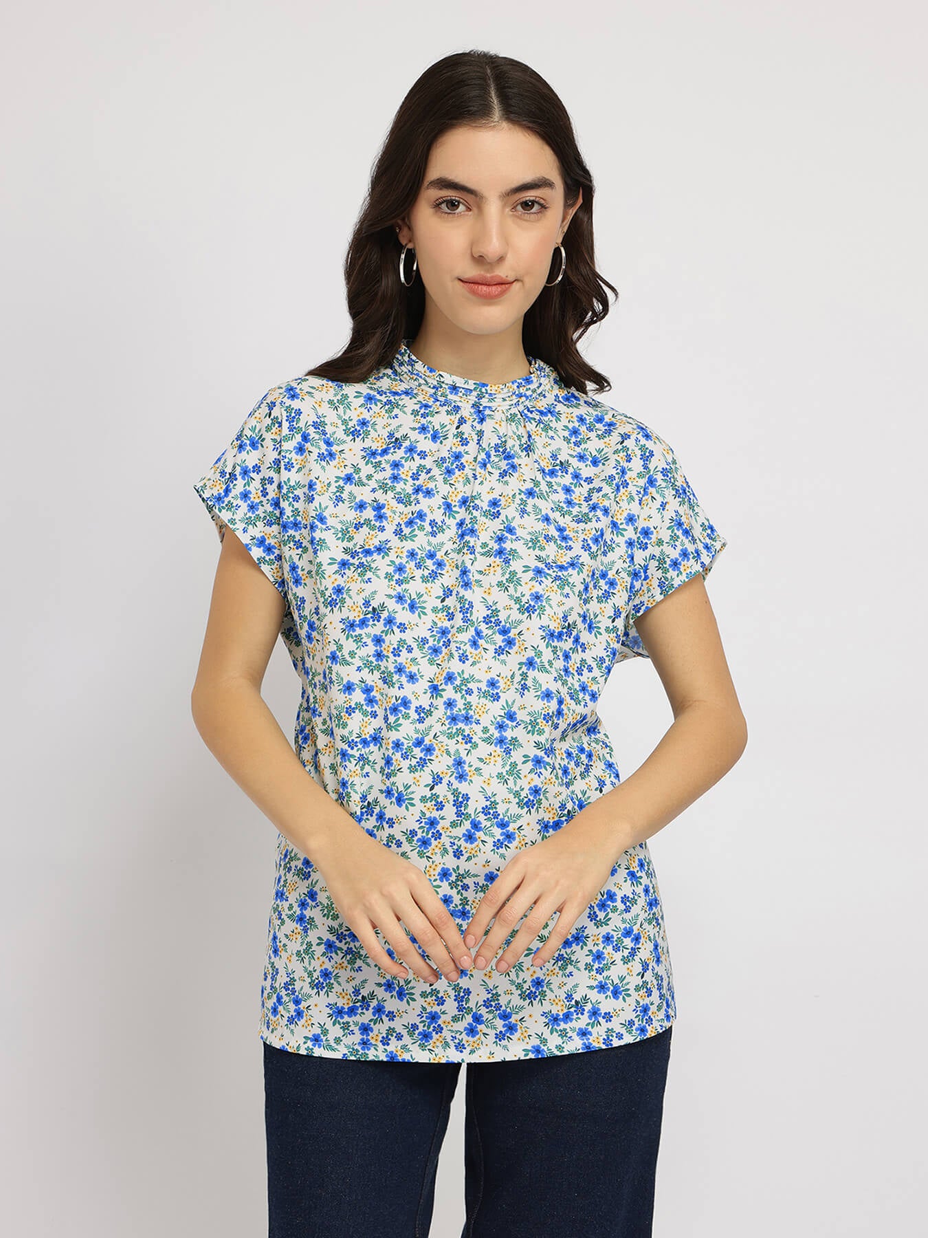 Floral Drop Shoulder Top - Blue