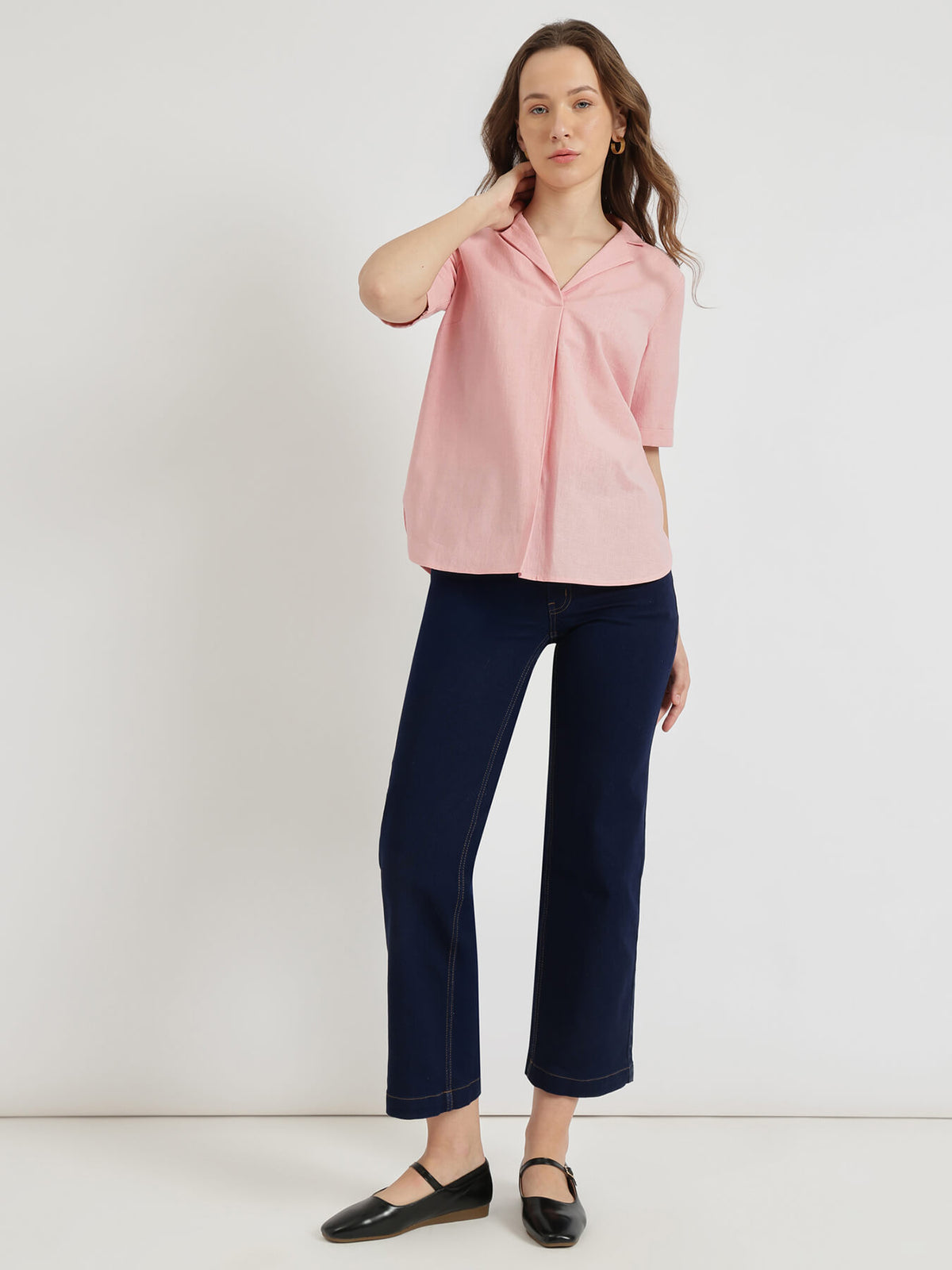 Cotton Notched Collar Top - Pink