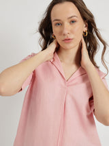 Cotton Notched Collar Top - Pink