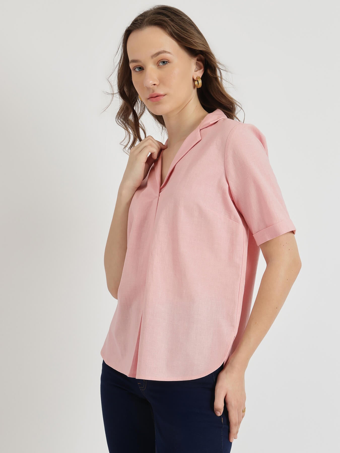 Cotton Notched Collar Top - Pink