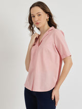 Cotton Notched Collar Top - Pink