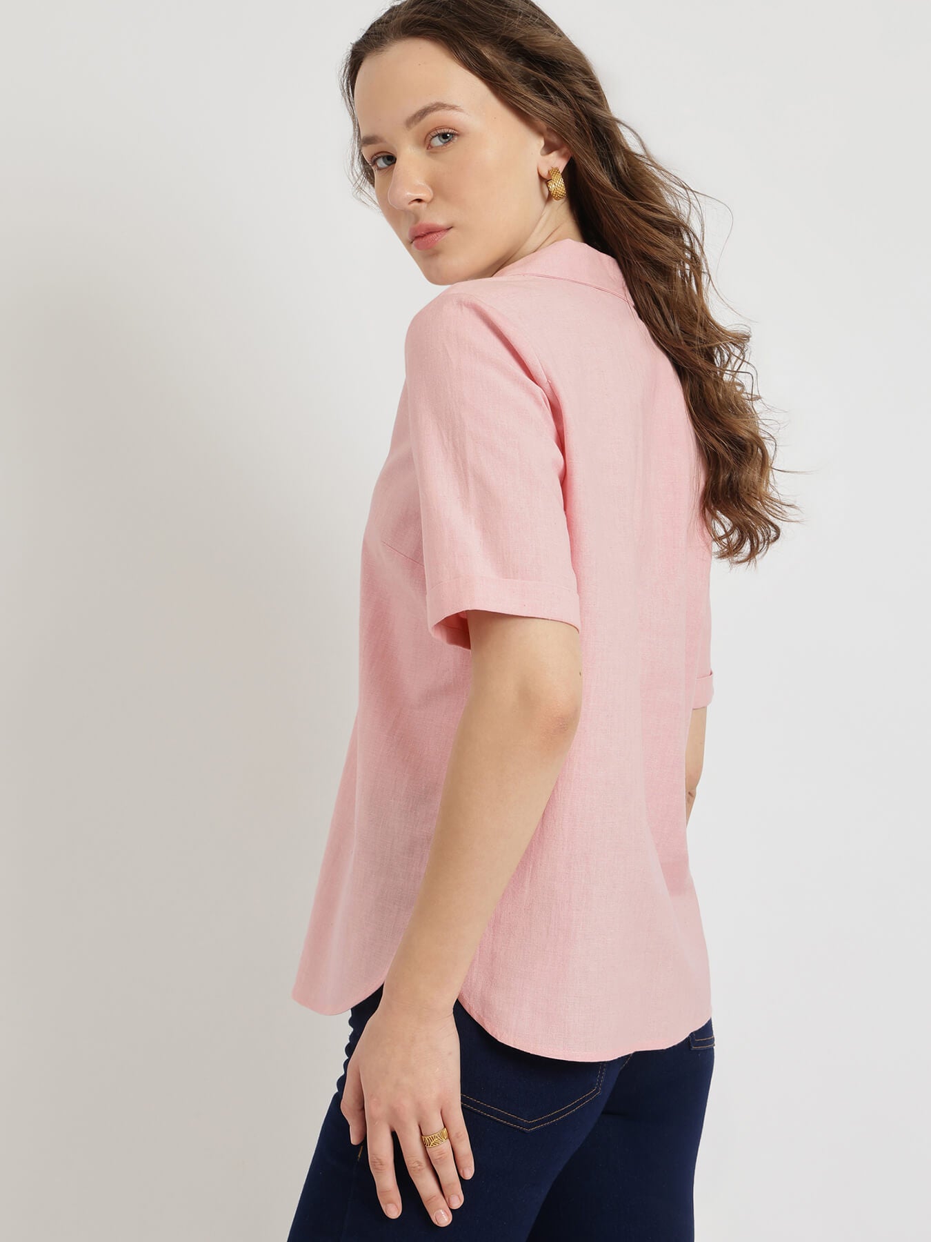 Cotton Notched Collar Top - Pink
