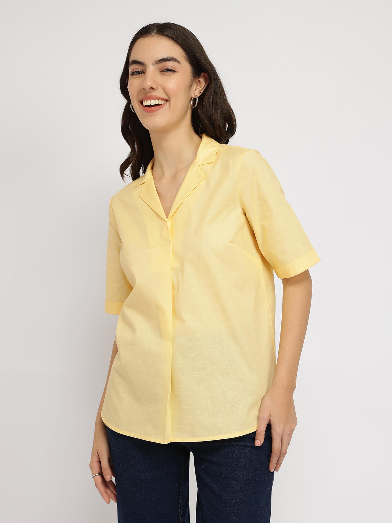 Cotton Notched Collar Top - Yellow