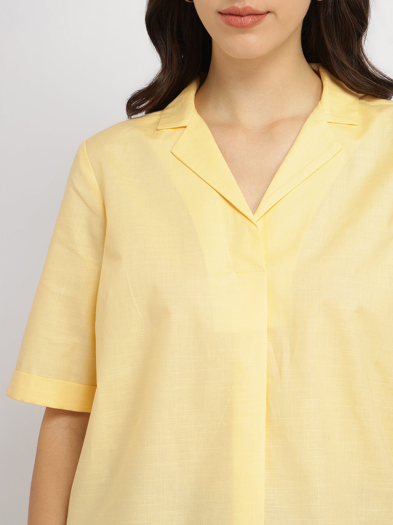 Cotton Notched Collar Top - Yellow