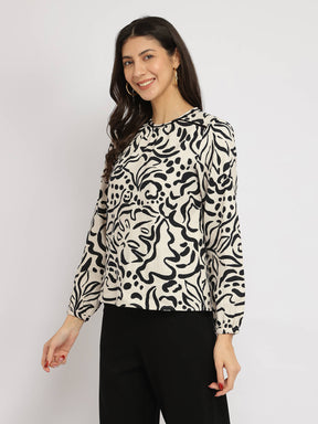 Cotton Abstract Print Top - Black