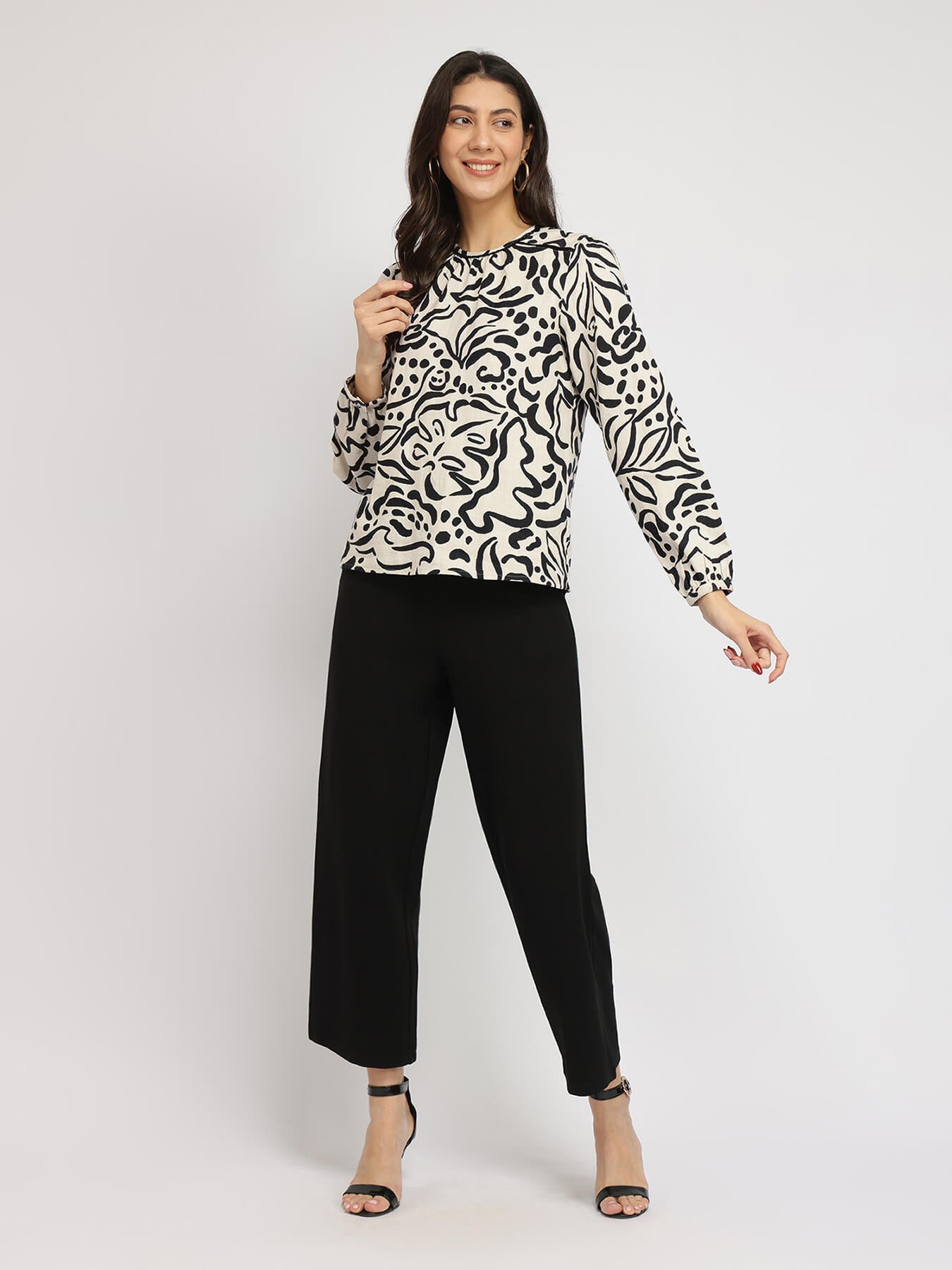 Cotton Abstract Print Top - Black