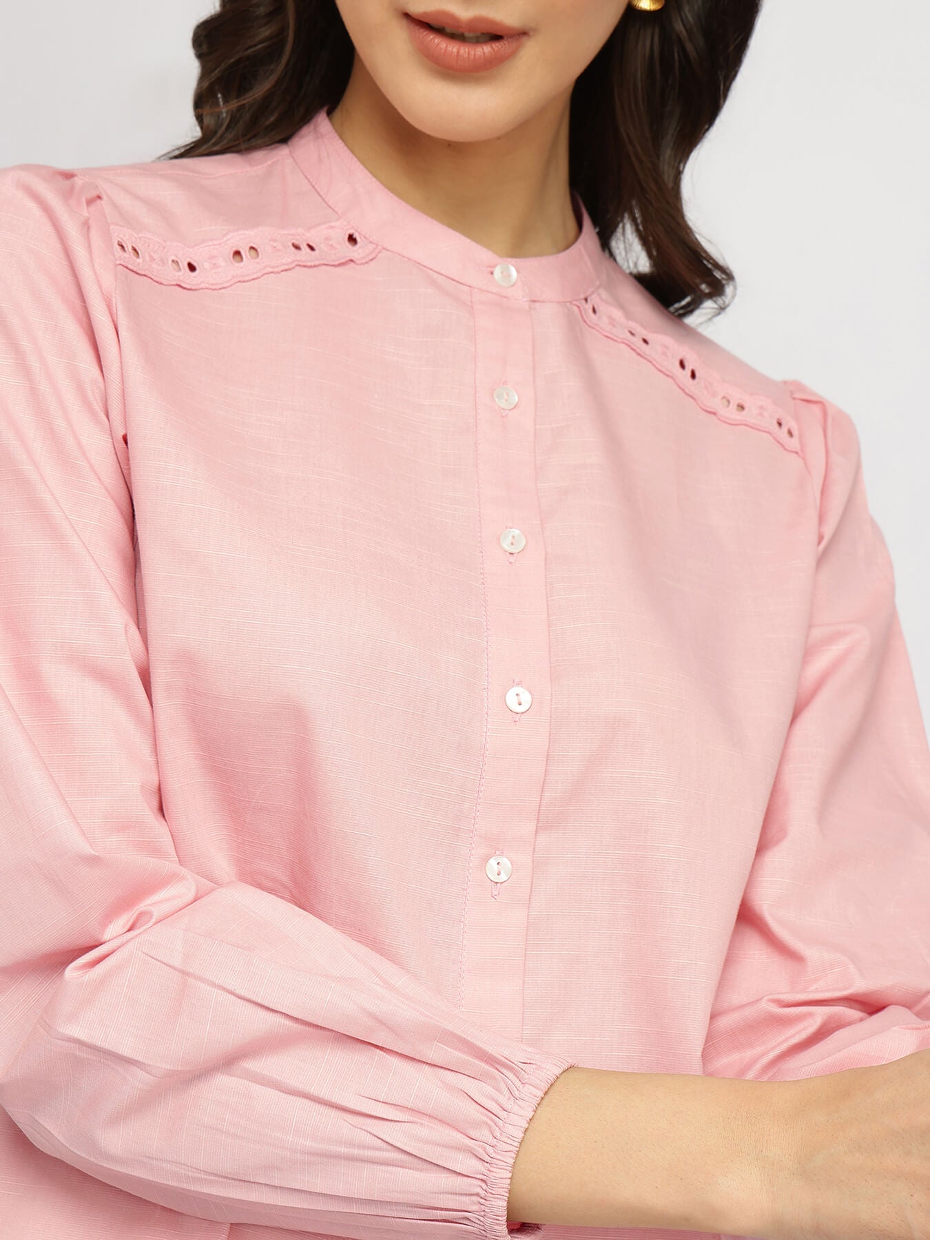 Cotton Mandarin Collar Top - Pink