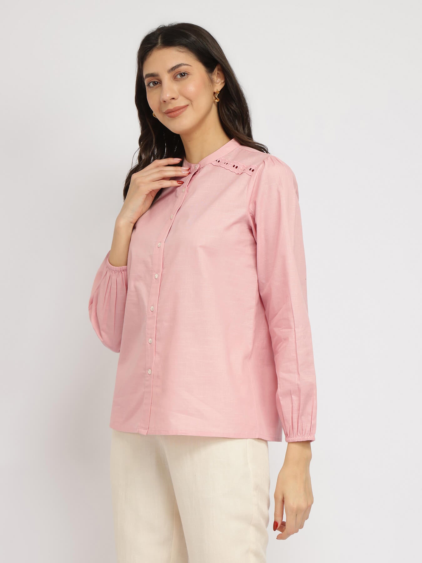 Cotton Mandarin Collar Top - Pink