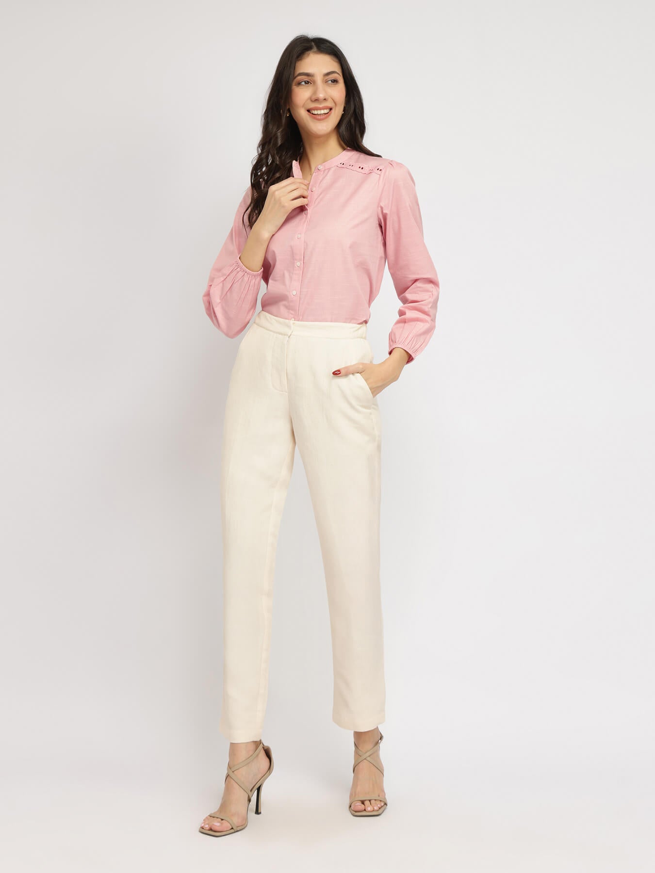 Cotton Mandarin Collar Top - Pink