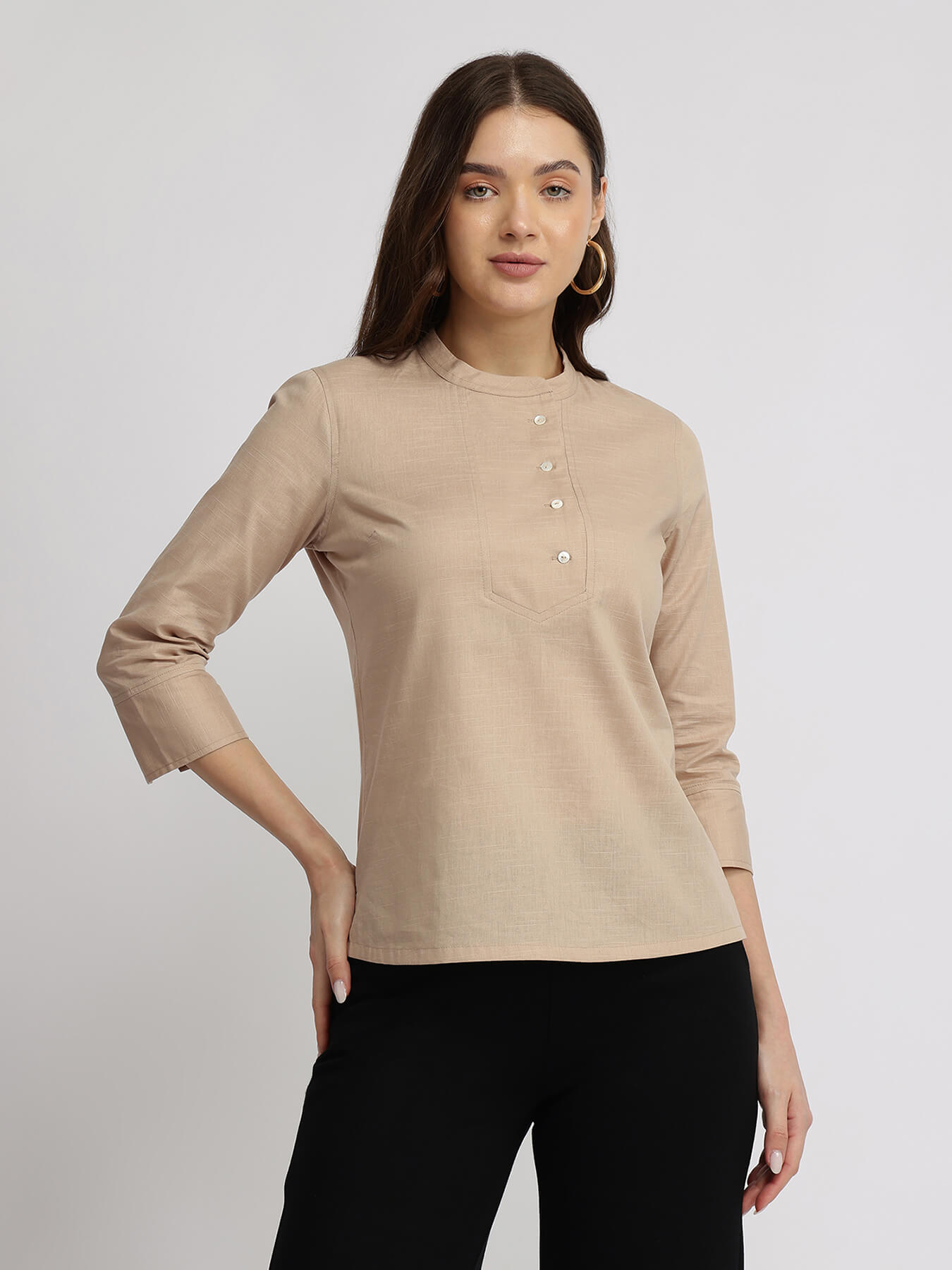Cotton Mandrin Collar Top - Beige