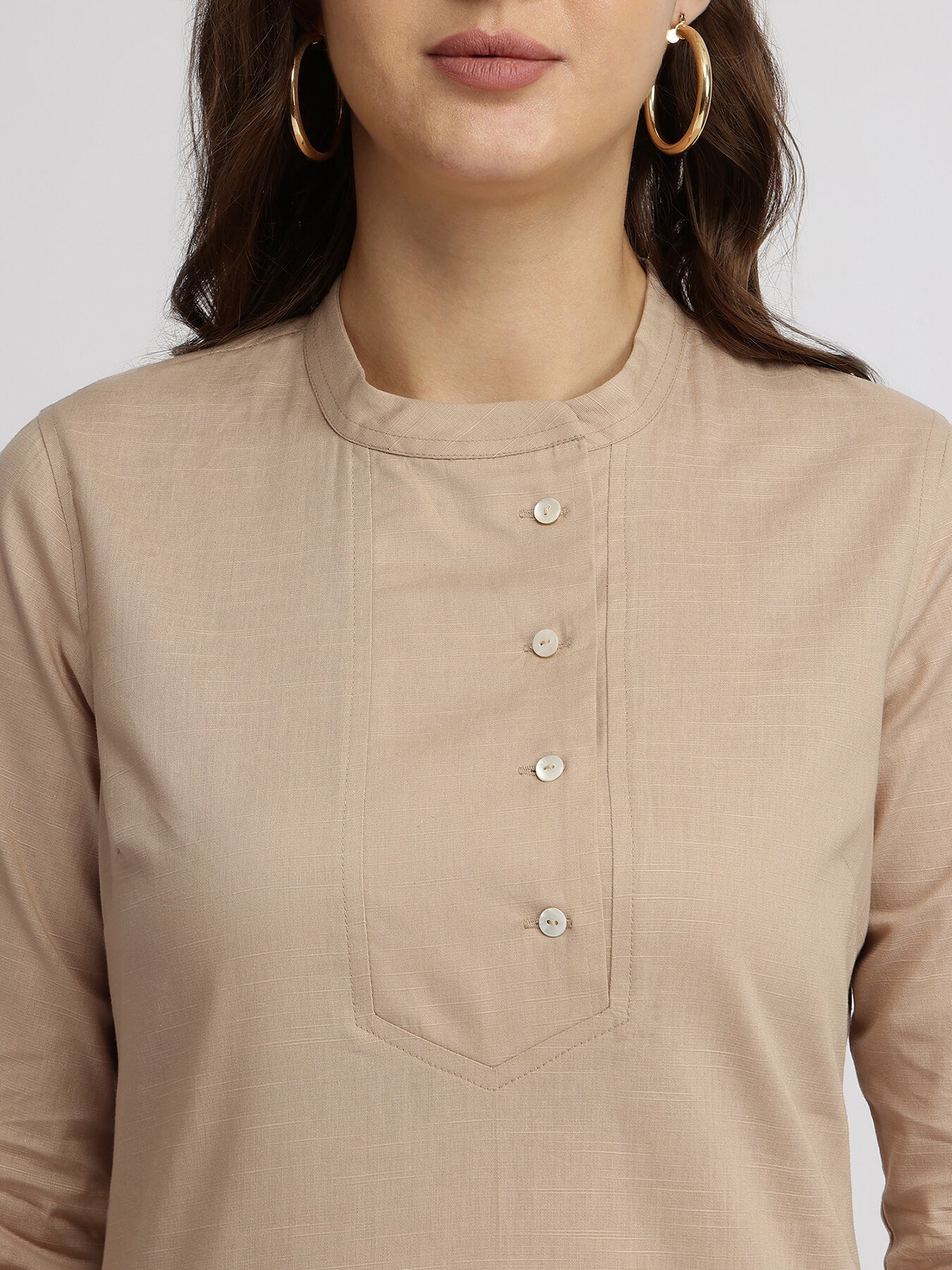 Cotton Mandrin Collar Top - Beige