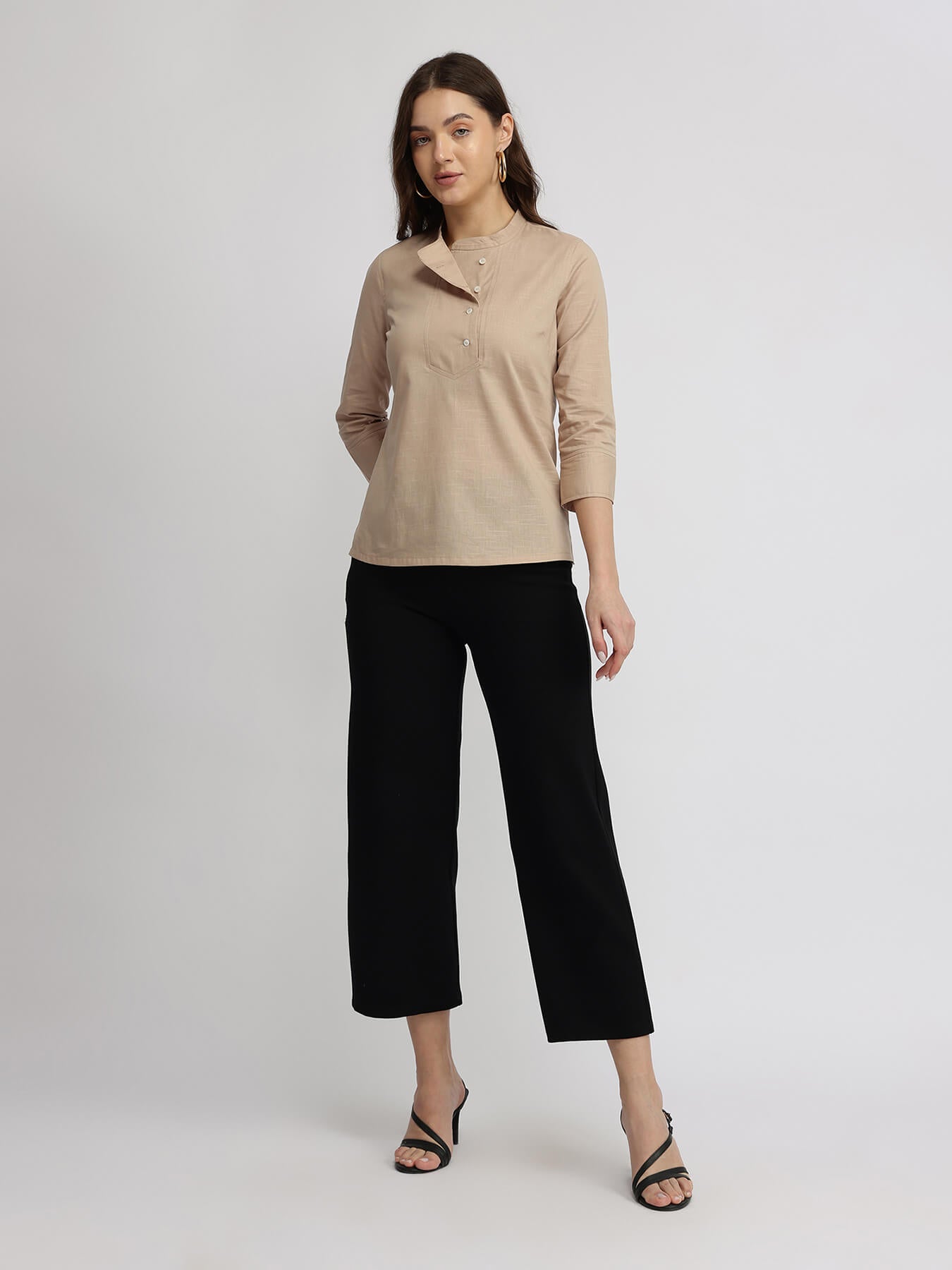 Cotton Mandrin Collar Top - Beige