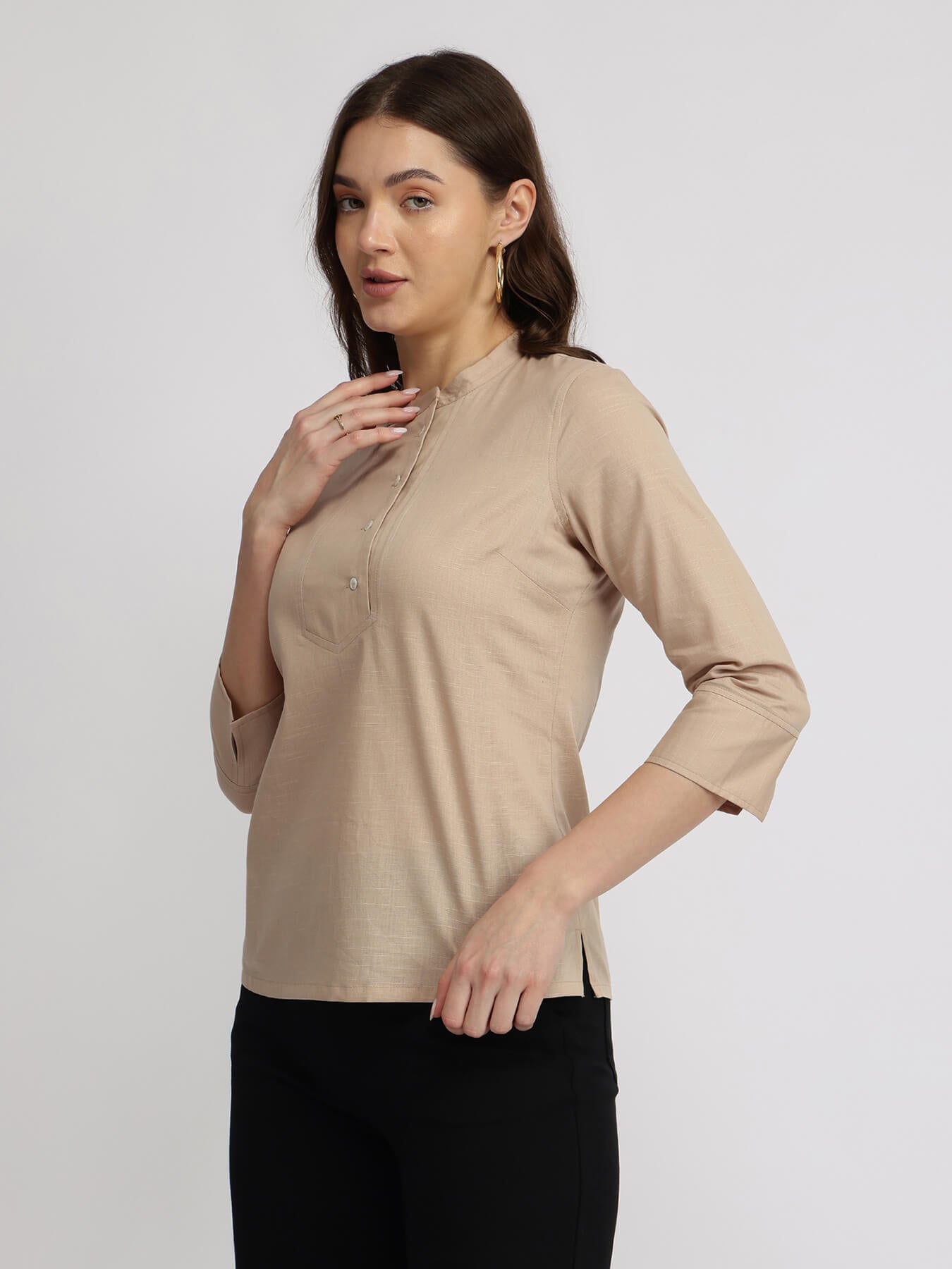 Cotton Mandrin Collar Top - Beige