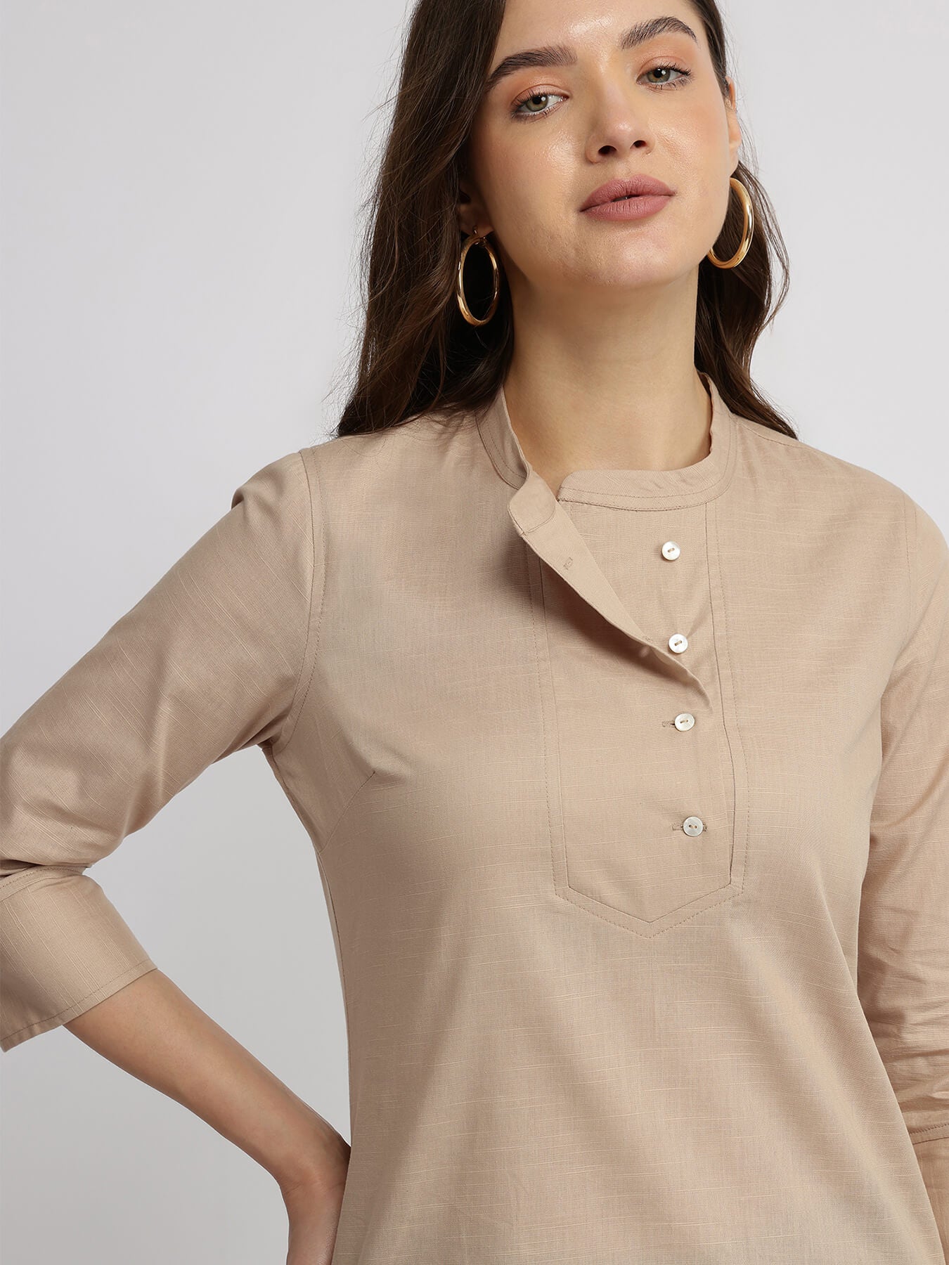 Cotton Mandrin Collar Top - Beige
