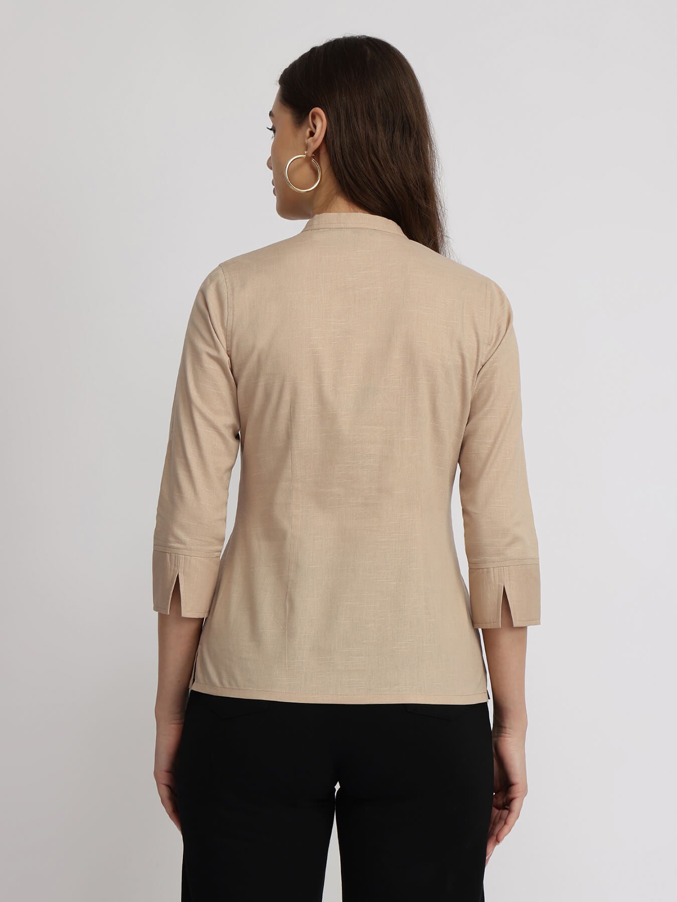 Cotton Mandrin Collar Top - Beige