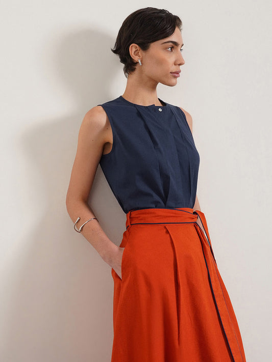 Pure Cotton Pleated Top - Navy Blue