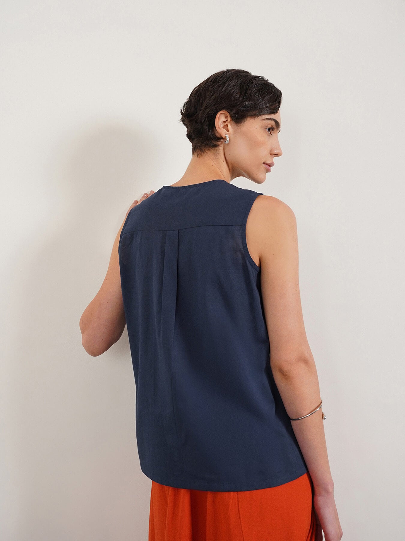 Pure Cotton Pleated Top - Navy Blue