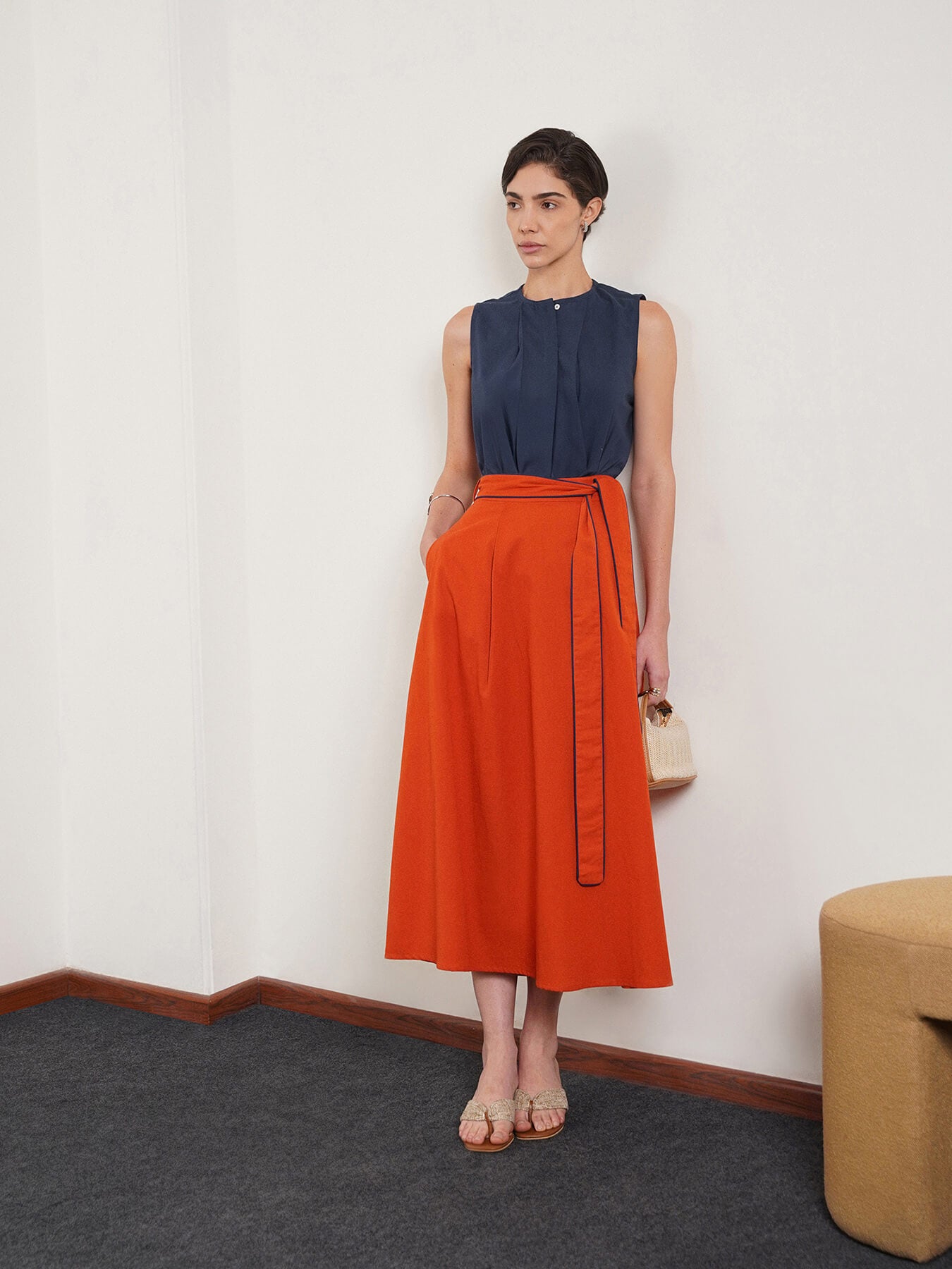 Pure Cotton Pleated Top - Navy Blue