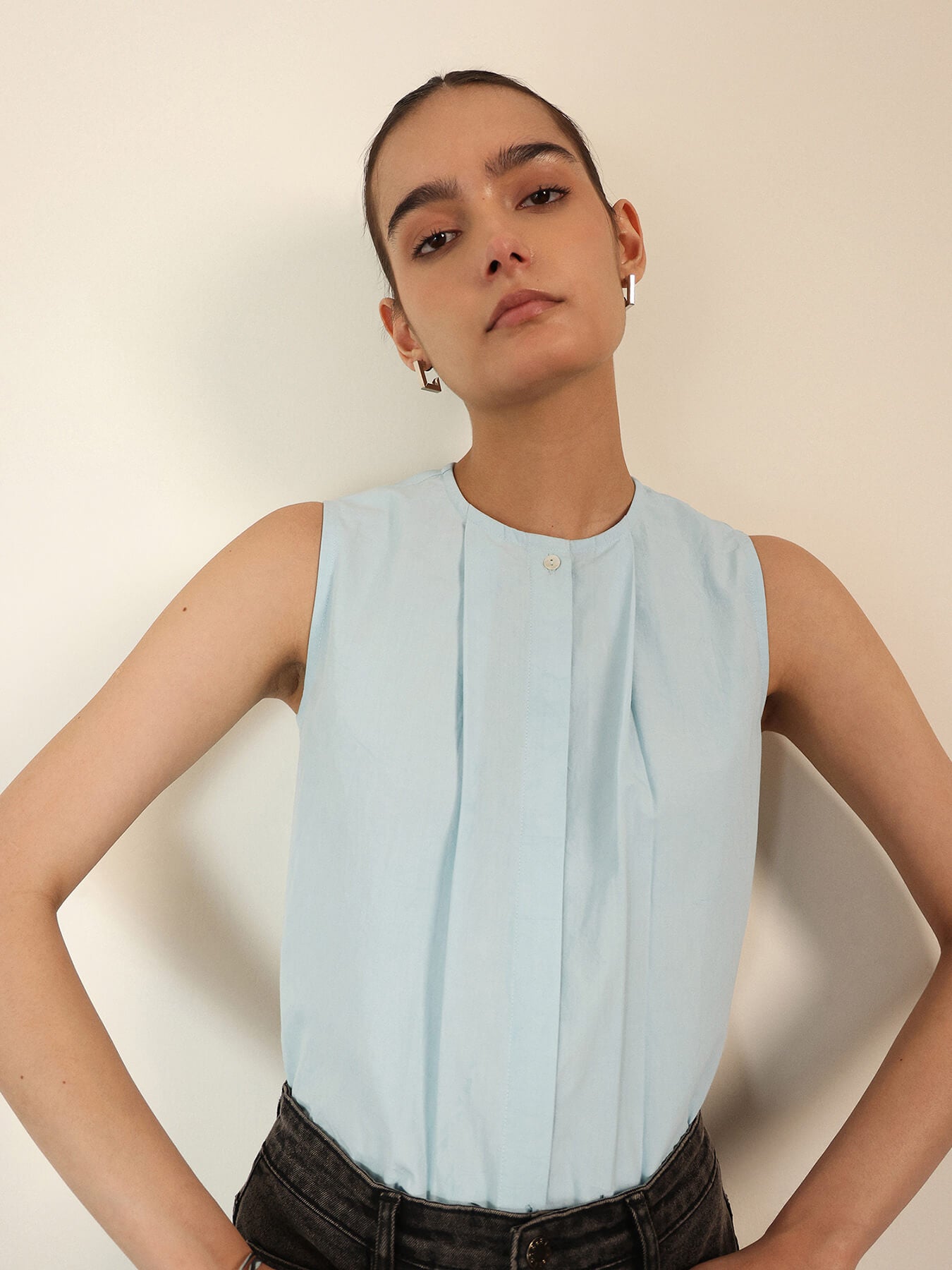 Pure Cotton Round Neck Top - Light Blue