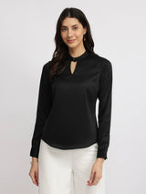 Satin High Collar Top - Black