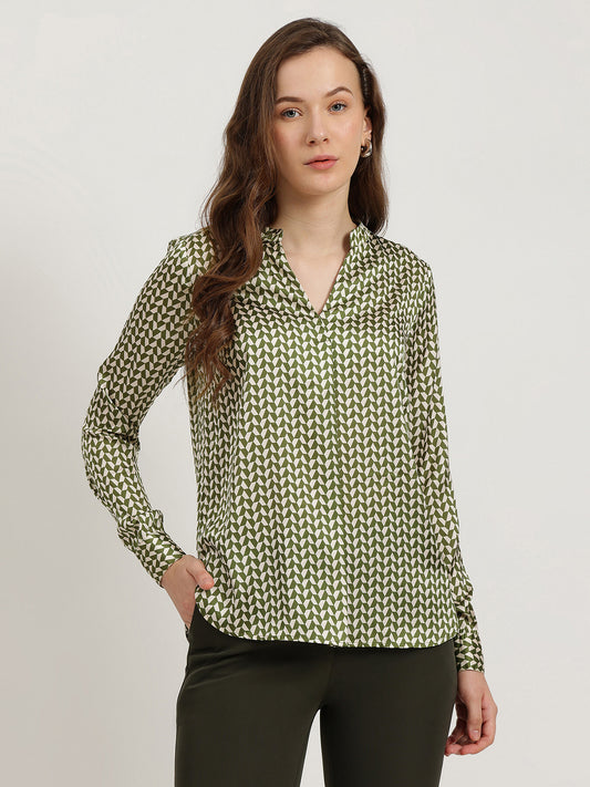 Satin Mandarin Neck Top - Olive