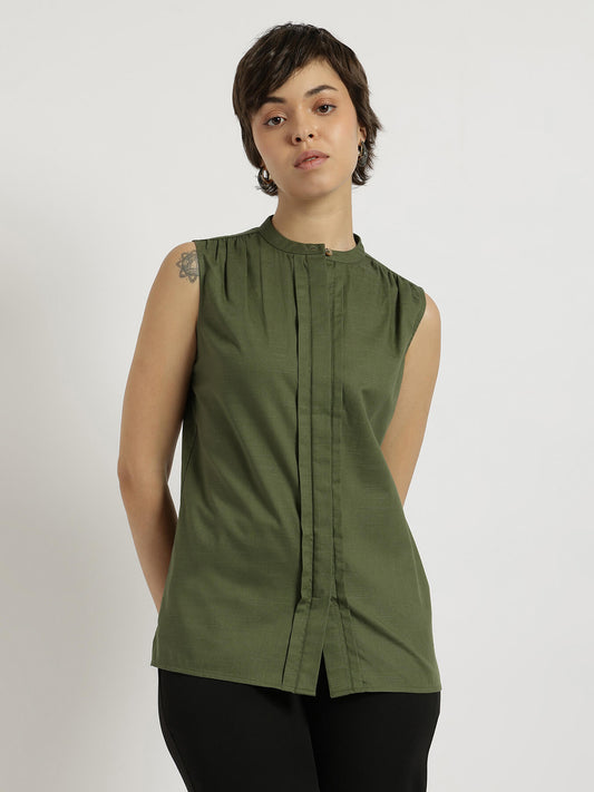 Cotton Mandarin Collar Top - Olive