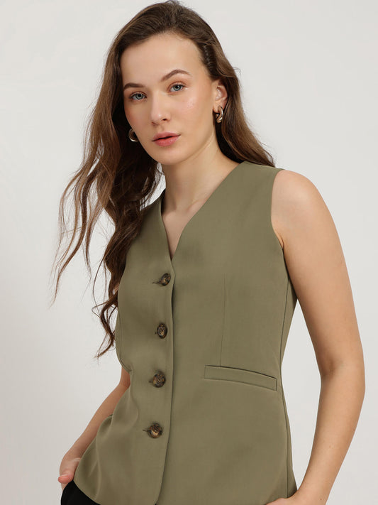 V Neck Waistcoat - Olive