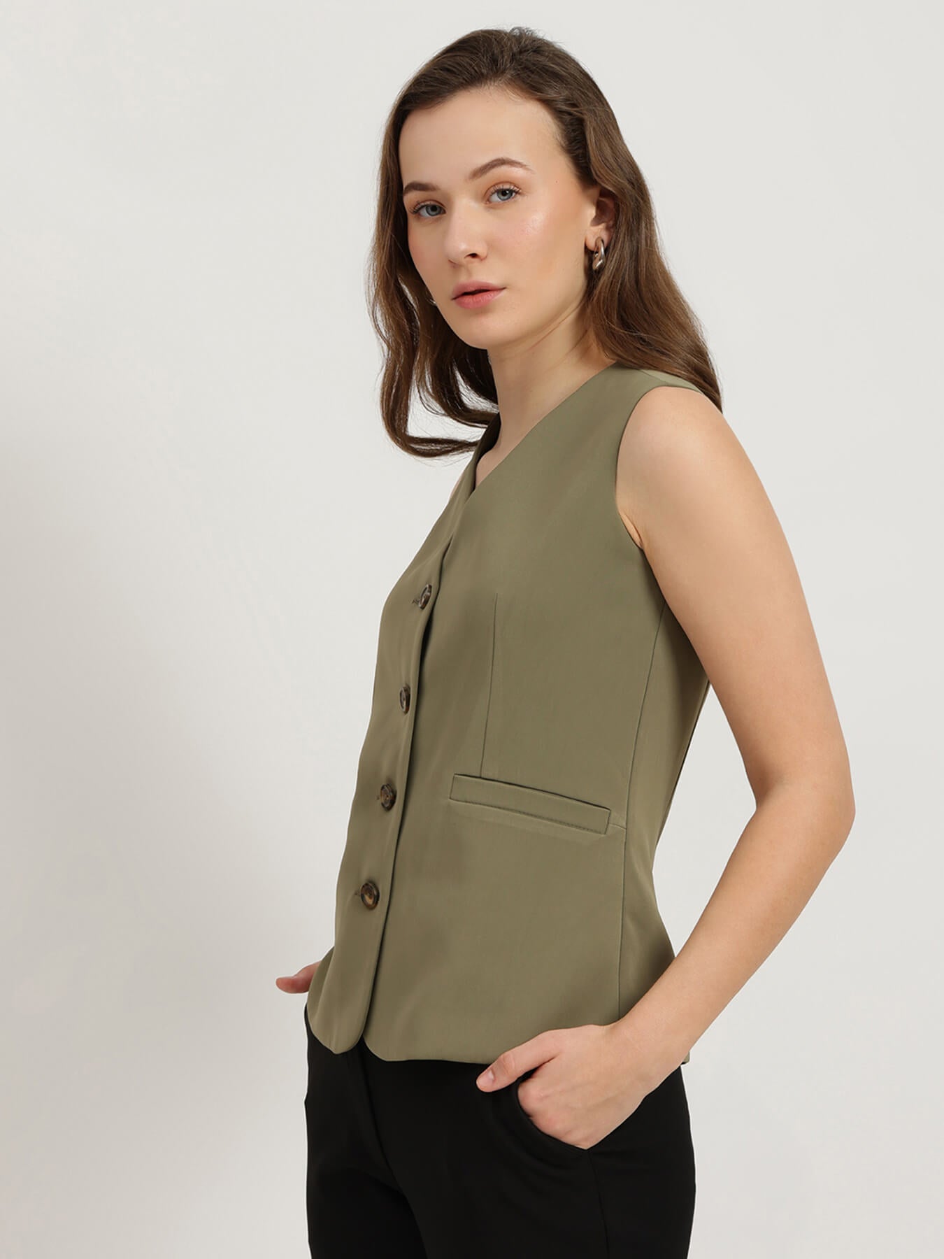V Neck Waistcoat - Olive