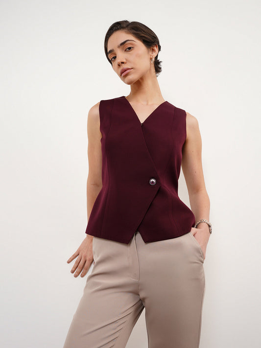 V-Neck Sleevless Waistcoat - Maroon