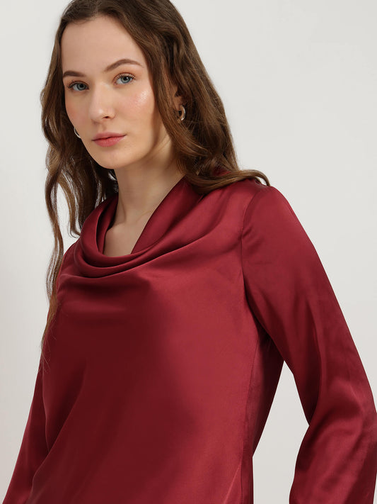 Satin High Cowl Neck Top - Red