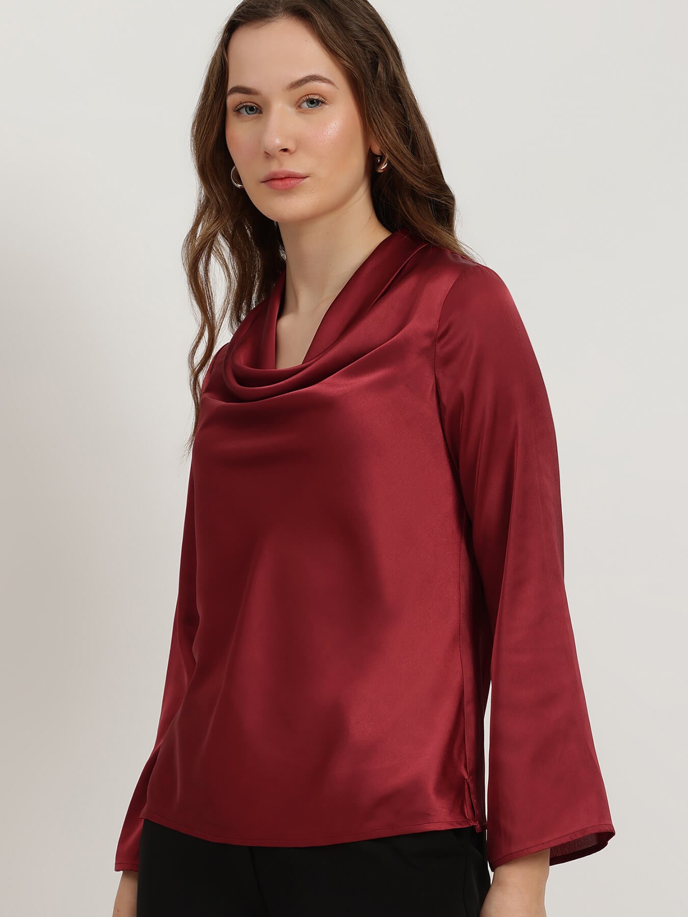 Satin High Cowl Neck Top - Red