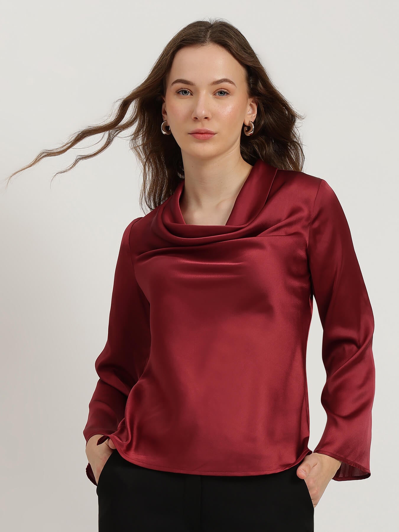 Satin High Cowl Neck Top - Red