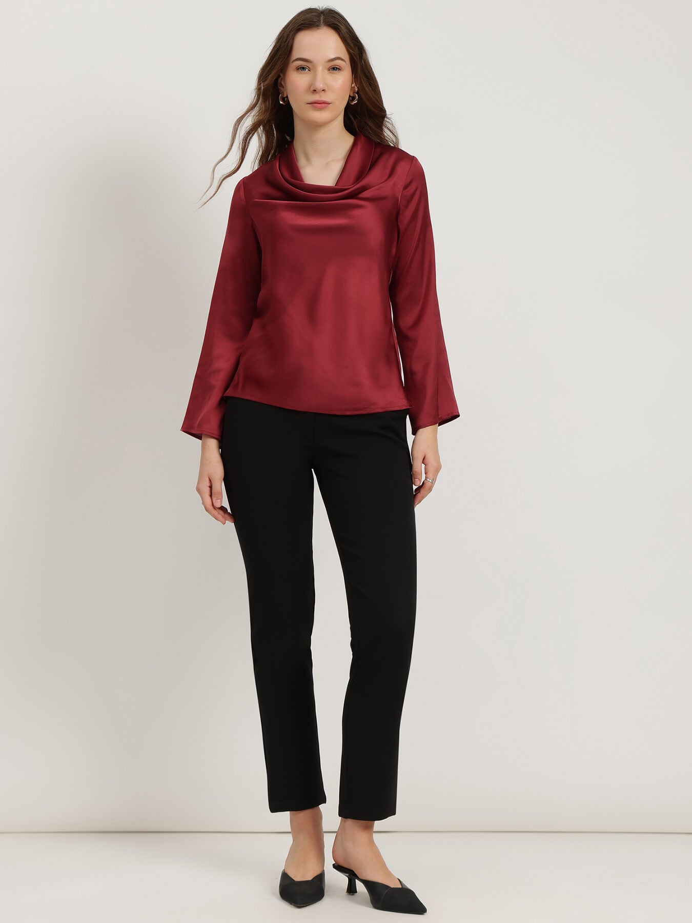 Satin High Cowl Neck Top - Red