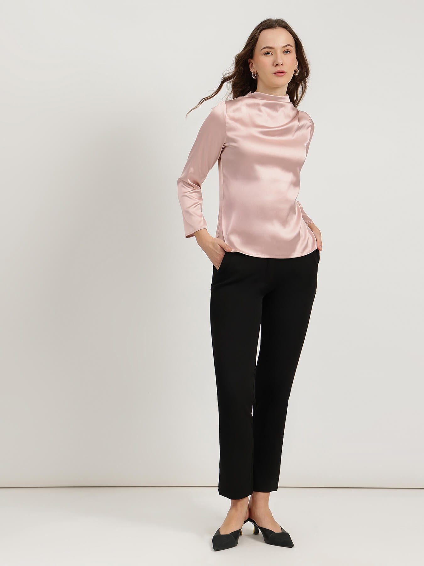 Satin High Cowl Neck Top - Pink