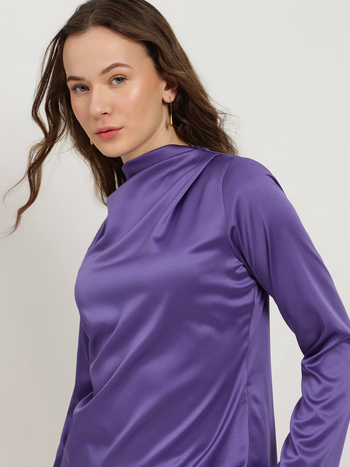 Satin High Cowl Neck Top - Purple