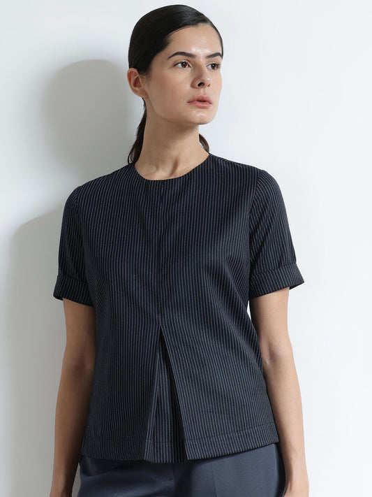 Striped Round Neck Top - Navy Blue