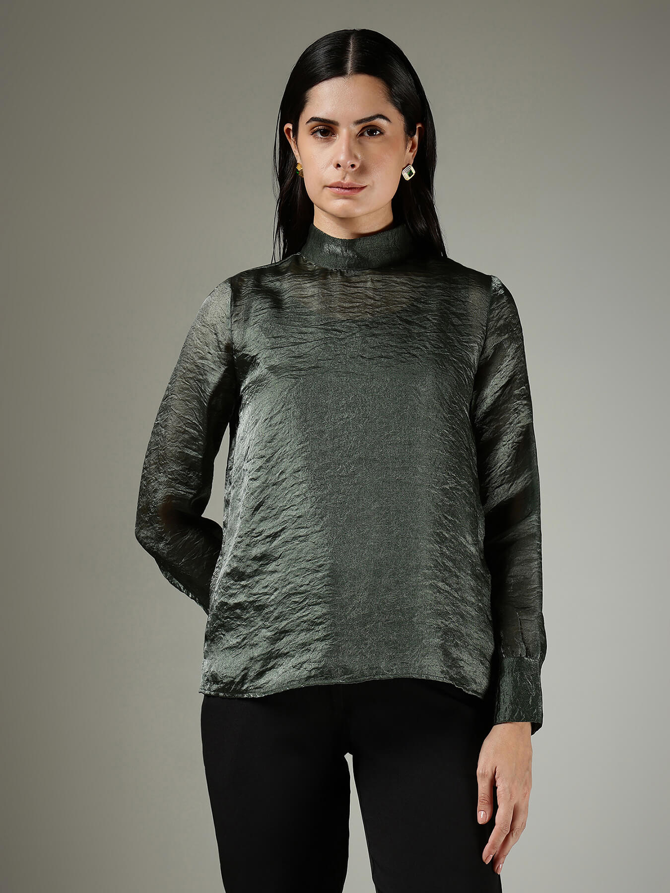 Silk High Neck Top - Green