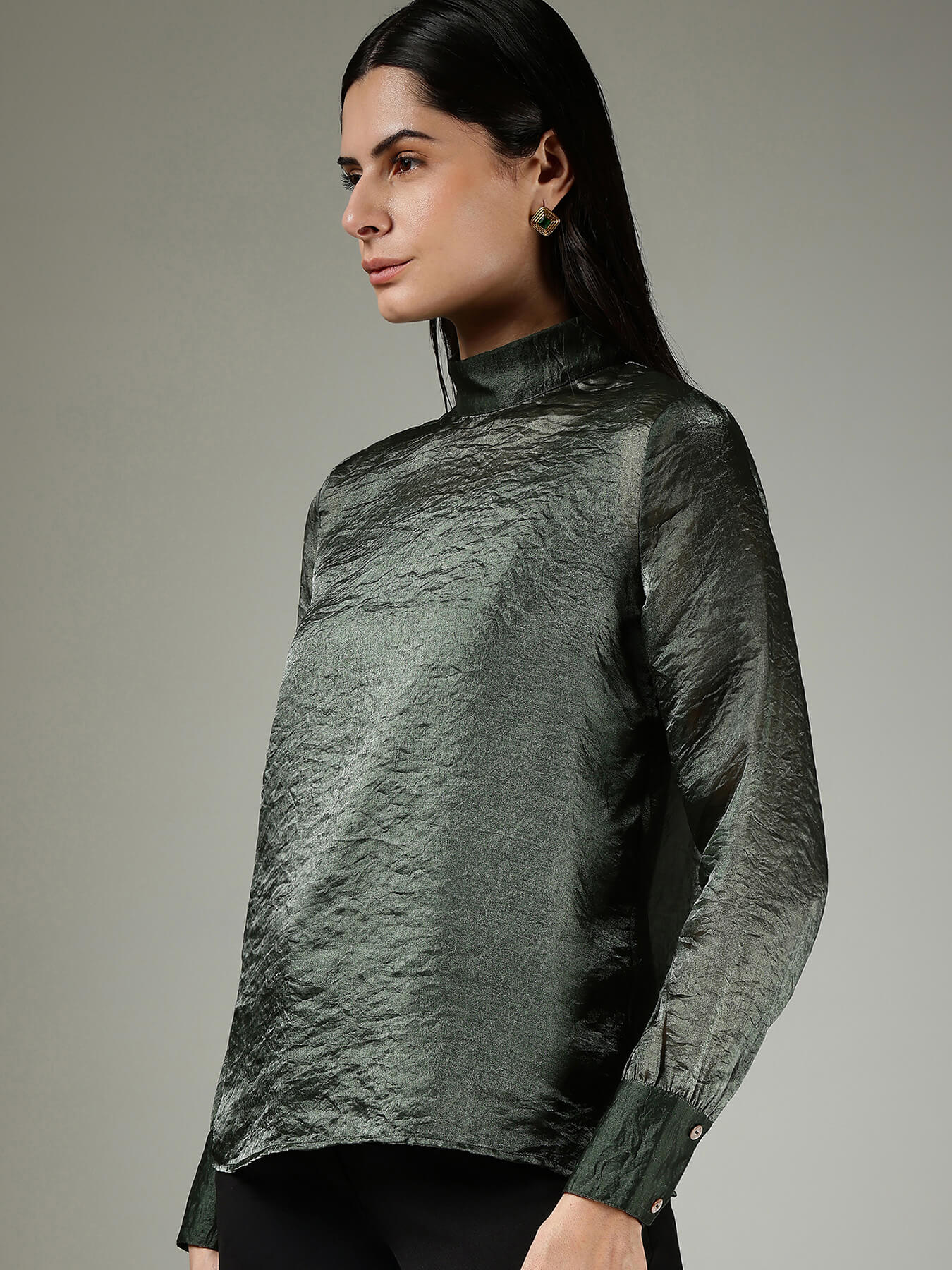 Silk High Neck Top - Green