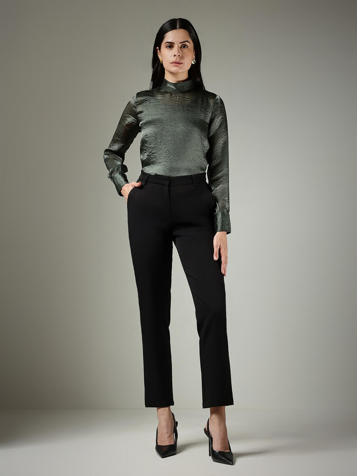 Silk High Neck Top - Green