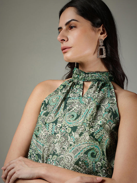 Paisley Halter Neck Top - Green