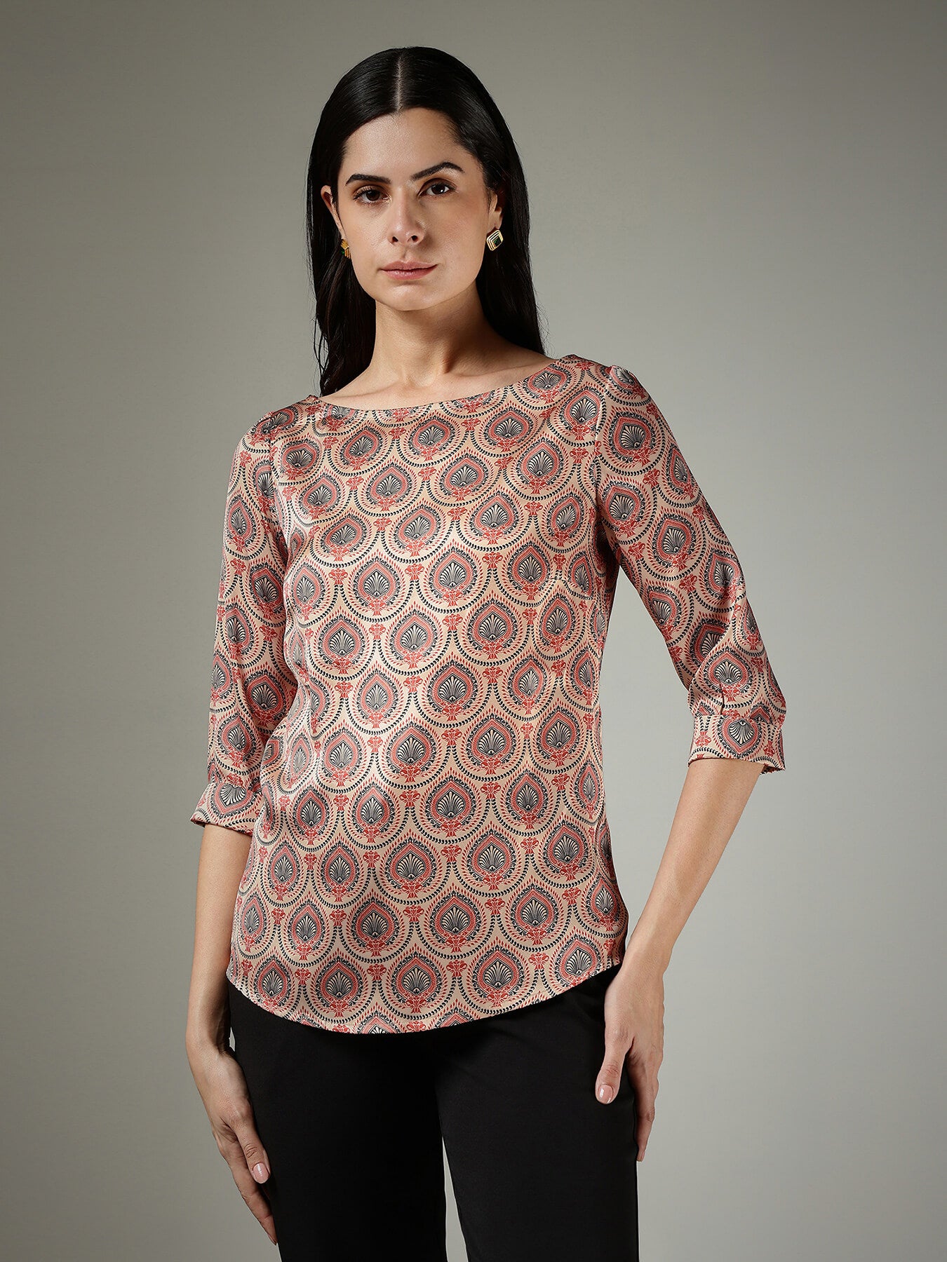 Satin Indian Motif Top - Beige
