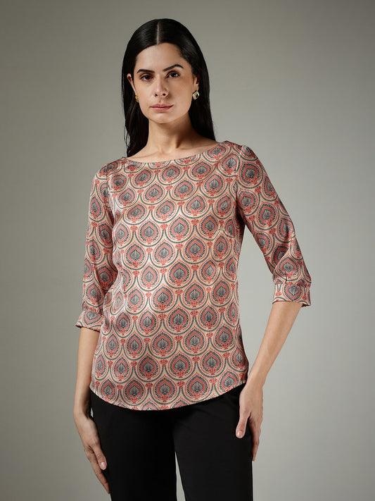 Satin Indian Motif Top - Beige