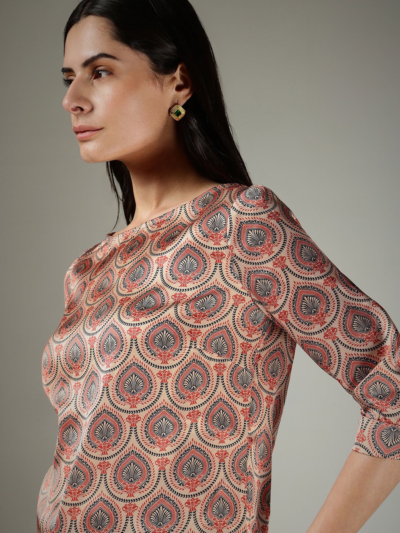 Satin Indian Motif Top - Beige