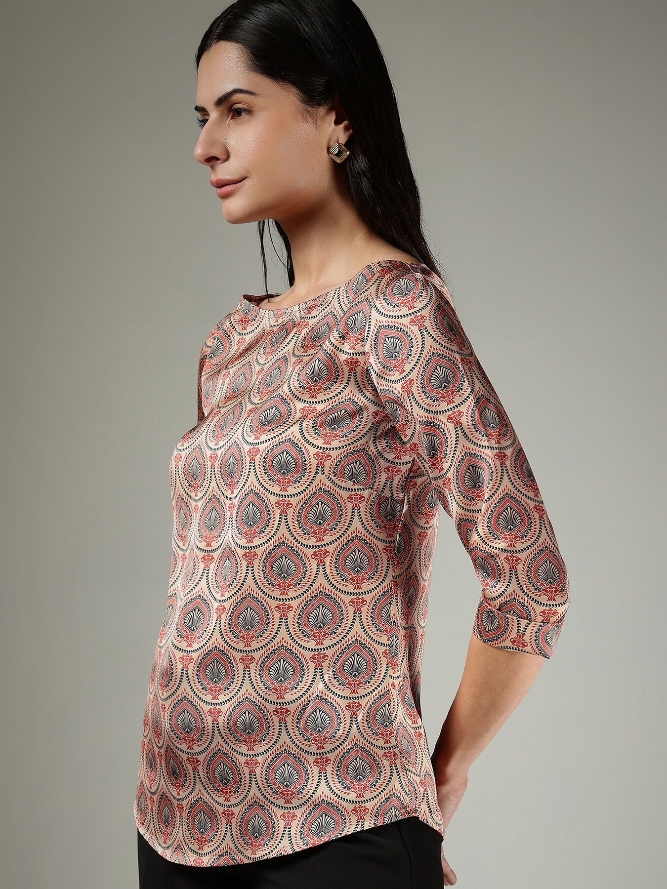 Satin Indian Motif Top - Beige