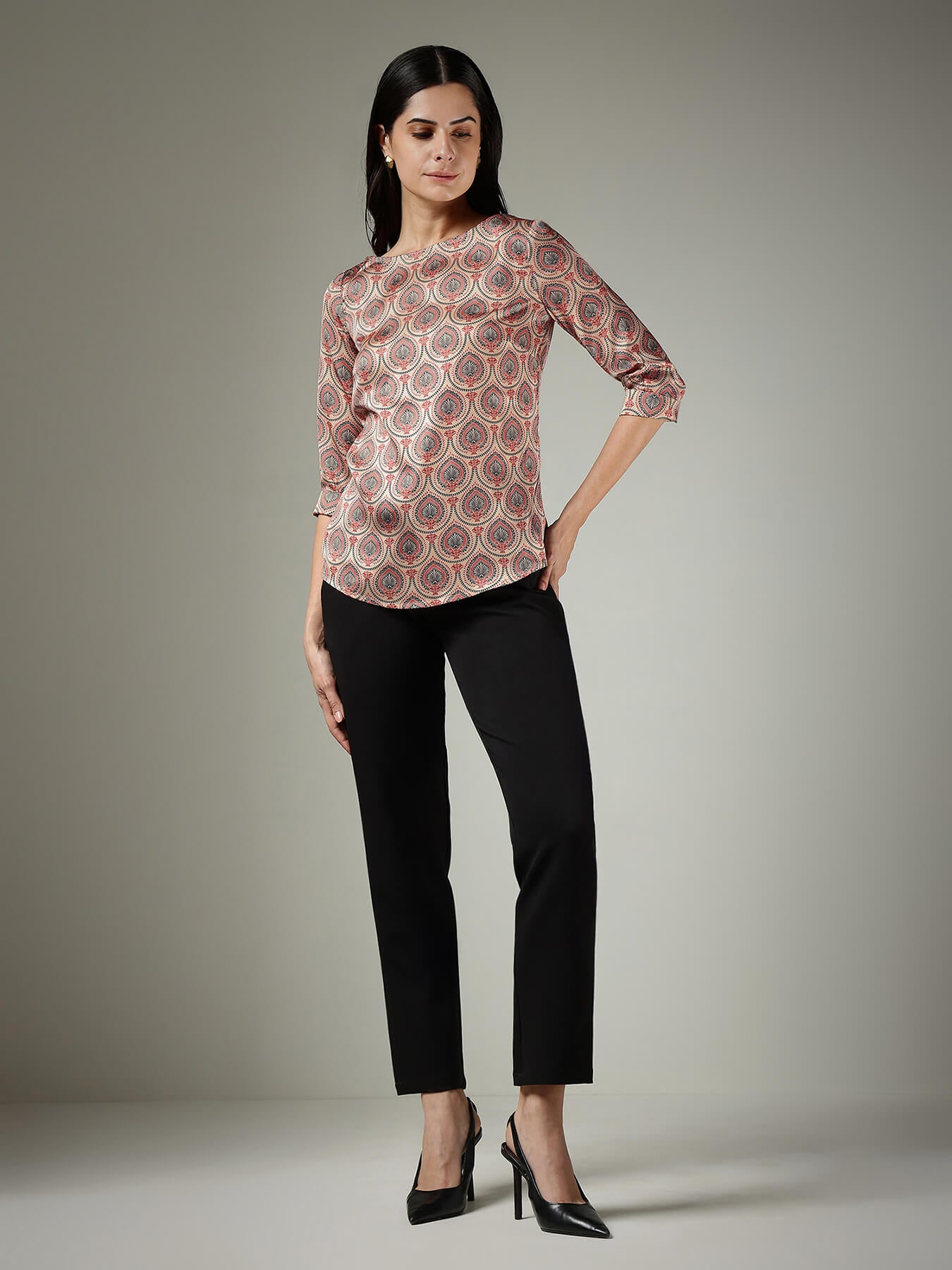Satin Indian Motif Top - Beige