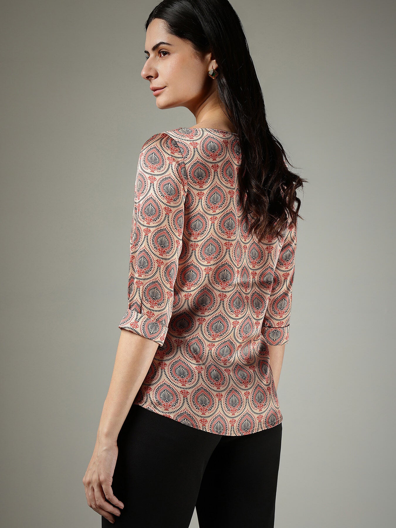 Satin Indian Motif Top - Beige