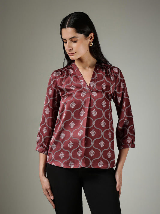 Satin Indian Motif Top - Burgundy