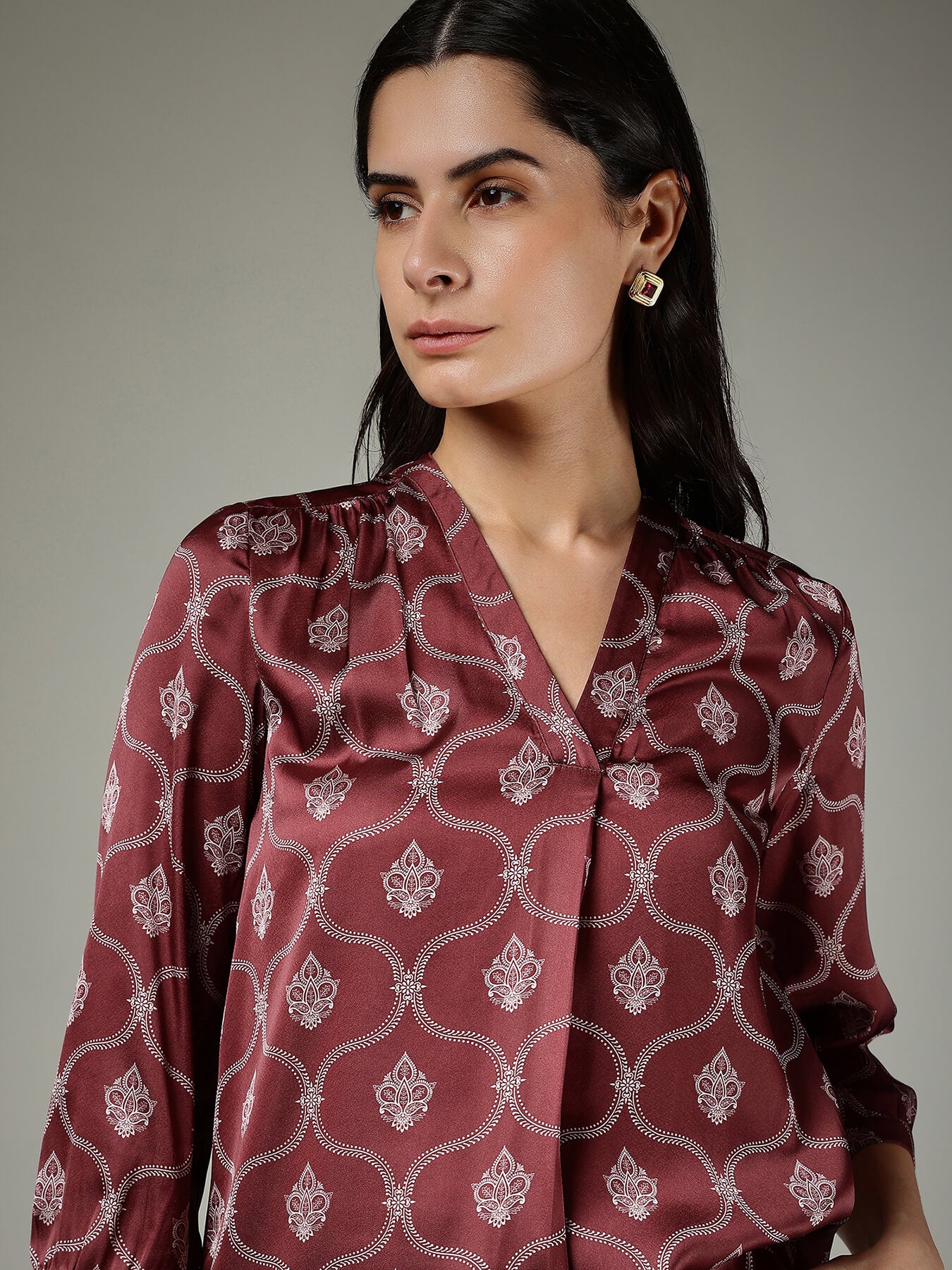 Satin Indian Motif Top - Burgundy