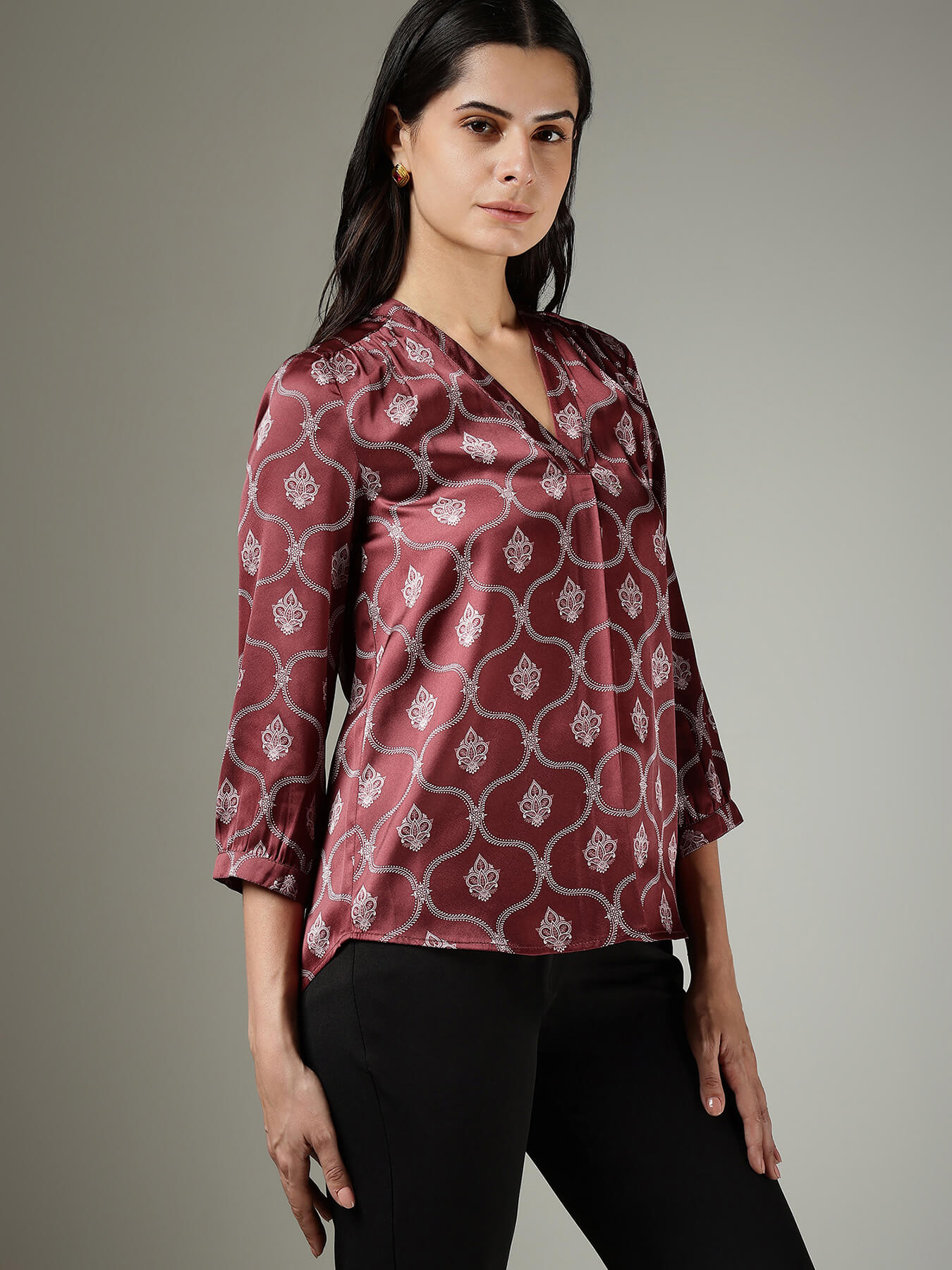 Satin Indian Motif Top - Burgundy