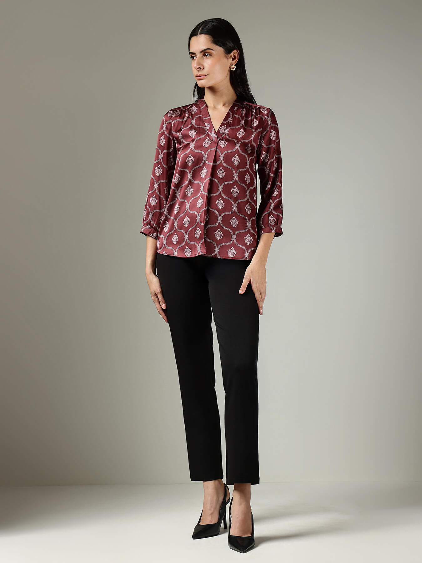 Satin Indian Motif Top - Burgundy